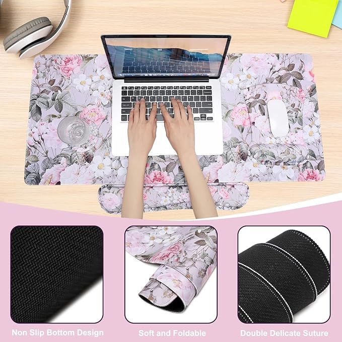 MEGREZ 4-in-1 Ergonomic Memory Foam Wrist Rest Set, Desk Pad, Mouse Pad with Wrist Rest, Keyboard Pad, Suitable for Office Workers, Programmers & Gamers–Relieve Typing & Gaming Fatigue, Pink Flowers