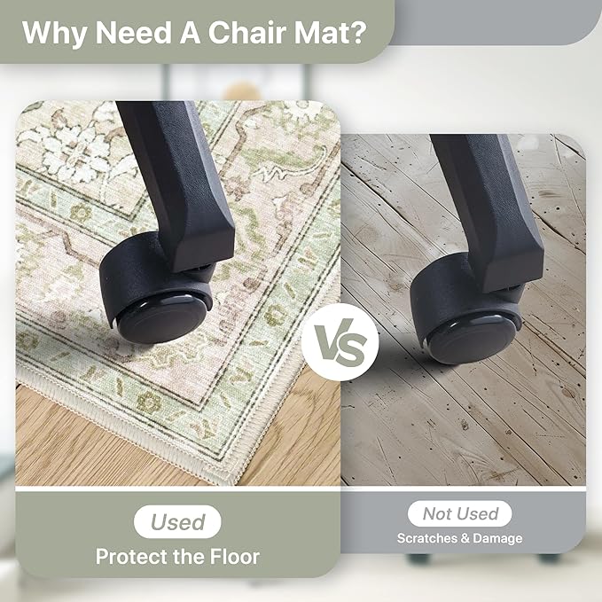 36"x48" Office Chair Mat for Hardwood Tile Floor, Under Desk Carpet Protector for Rolling Computer Chair Mat, Machine Washable Area Rug, Anti-Slip 1/5" Thick Low Pile Thin Vinyl Floor Mat, Mint