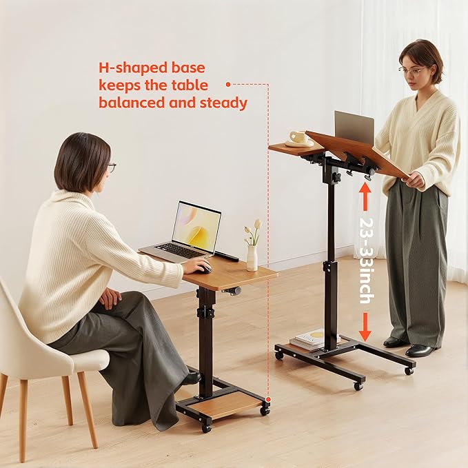 Mobile Adjustable Height Laptop Stand PC Computer Portable Notebook Swivel Laptop Desk Rolling Table Desk Cart Tiltable with Wheels Casters& Mouse Pad Table