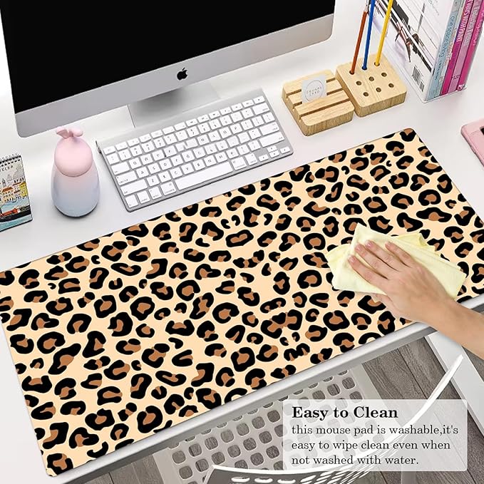 Brown Leopard Desk Pad Protector, Stitched Edges Mouse Pad, Large Office Mat, Non-Slip Blotter, Laptop Pad, Writing Pad for Office and Home (31.5" x 15.7")