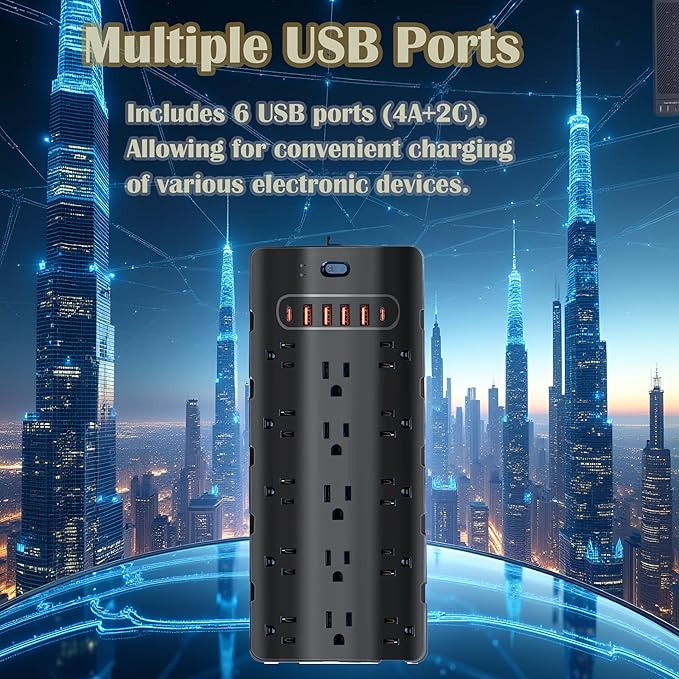 20 Amp Power Strip Surge Protector,Heavy Duty 12 Gauge 6.5 ft Cord/25 AC Outlets/4 USB A/2USB C/4000 Joules Surge protection/2500W/125V,Office Workshop Household Garage Black