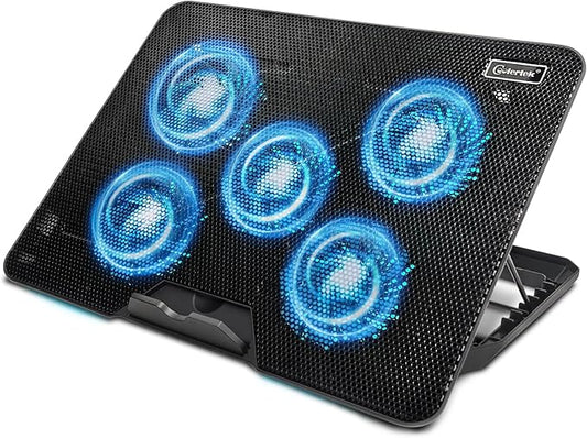 Laptop Cooling pad, ‌Coolertek Laptop Cooler with 5 Silent Fans, Adjustable Height Stand for 12-17 Inch Laptops, Ergonomic Cooling Stand with Dual USB Ports, Portable Cooling Accessories - Black
