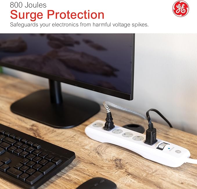 GE Surge Protector Power Strip, 10 Ft Extension Cord, 6 Outlet Extender, 800 Joules, Flat Plug, Twist-to-Close Safety Covers, ETL Listed, White, 14092