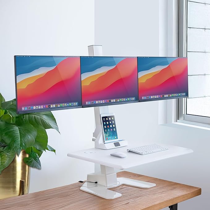 Mount-It! Triple Monitor Electric Standing Desk Converter - 3 Monitor Standing Desk is Height Adjustable, Sit-Stand Converting Desk for Home, Office Monitor Mounts Fits Screens up to 32" White