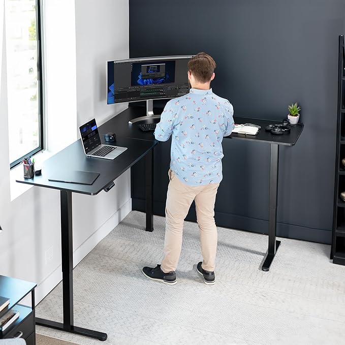 VIVO Corner Standing Desk, 84 x 63 inch Reversible L-Shaped Workstation, Electric Height Adjustment, Home, Office, and Reception Rooms, Black Table Top Black Frame, DESK-E3CTBB-84