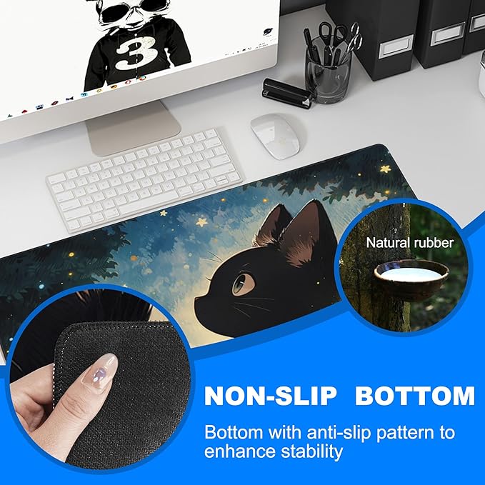 Desk Pad, Anime Cute Black Cat Extended Gaming Mouse Pad Large, 35.4"x15.7" Big Mouse Pad with Non-Slip Base and Stitched Edge, Long Computer Keyboard Mouse Mat for Home Office Work
