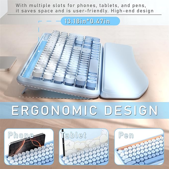 Colorful Wireless Computer Keyboard and Mouse Combo with Phone Holder, Wrist Rest, Typewriter Keys, 2.4GHz Wireless, Full-Sized Optical Mouse for PC and Laptop(Blue Colorful)