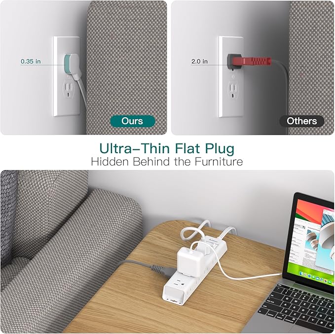6Ft Extension Cord - Surge Protector Power Strip, Flat Plug, Addtam 12 Widely 3 Sides Outlet Extender, Wall Mount, Desktop Charging Station for Home Office College Dorm Room Essentials