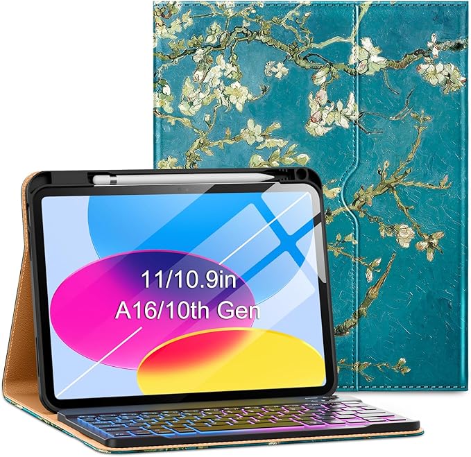 VIKESI Keyboard Case for iPad (A16,2025) 11th Generation/iPad 10th Generation Case (10.9" 2022),Premium Leather Smart Cover,Built-in Breathing Light,Function Row,Pencil Holder,Card Slots - Blossom