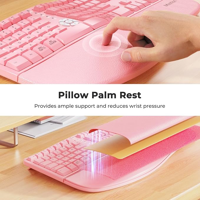 MEETION Ergonomic Keyboard with Cushioned Wrist Rest, Bluetooth Wireless Keyboard Rechargeable, Split Curved Keyboards Natural Typing, Full Size Multi-OS Windows/Mac, Computer/Laptop/Tablet/, Pink