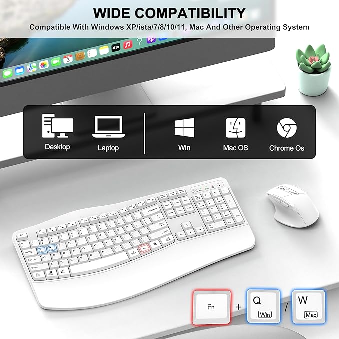 Wireless Keyboard and Mouse Combo, 2.4G Full Size Wave Keys Ergonomic Keyboard with Wrist Rest and 3-Level DPI Adjustable Wireless Ergonomic Mouse for Windows, Mac OS Desktop/Laptop/PC(White)