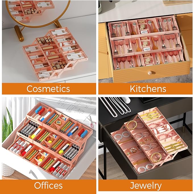 3 Tier Drawer Organizer - Expandable Junk Drawer Organizer Smart Office Supply Organizer, Folding Storage Multi-level Desk Organizer for Makeup,Jewelry,Kitchen Storage (1 Row 3 Tier, Pink)