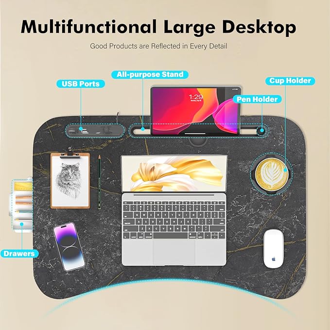 Lap Desk for Bed Adjustable Height, Foldable Bed Table with Storage Drawer, Tablet Slot & Cup Holder, Portable Laptop Stand for Bed & Sofa, Bed Desk for Adults & Kids, Deep Stone Color