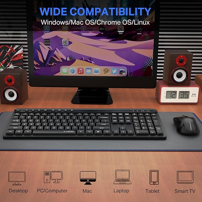 Wireless Keyboard and Mouse Combo, E-YOOSO Full-Sized Computer Wireless Keyboard and Optical Mouse, 2.4Ghz USB Lag-Free Cordless Combo, for Windows, Mac OS PC/Desktop/Laptop