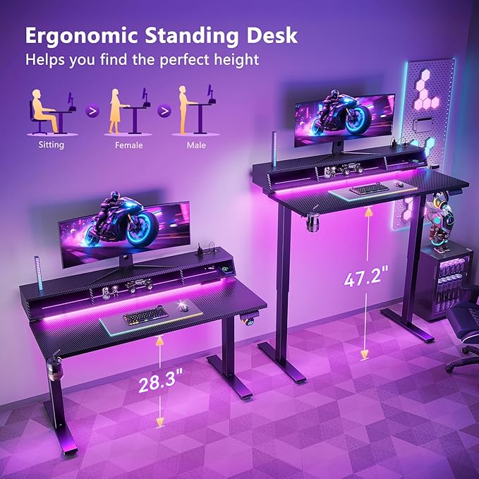 OffiGo Gaming Standing Desk with LED Light, 48 Inch Electric Height Adjustable Table with Power Outlet & Floating Monitor Stand, Sit Stand Computer Workstation for Home, Bedroom, Black