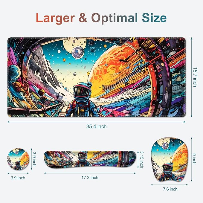 Large Anime Mouse Pad with Wrist Support 4 in1 Set, XXL Big Game Mousepad + Keyboard Wrist Rest+Mouse Wrist Rest Pad +Coaster Gaming Mat for Home Office Computer Boy Man I Strange Planet Space Scene