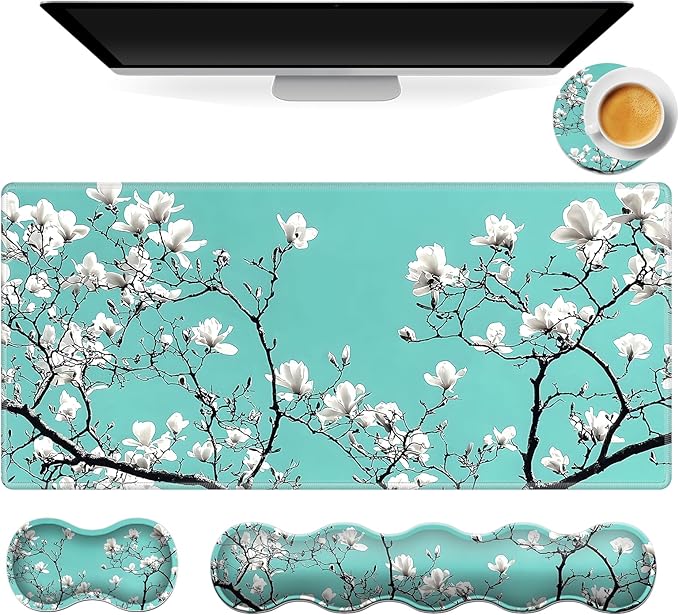 Gaming Mouse Pad Set Turquoise White Cherry Large Desk Mat Mousepad, Keyboard Wrist Support, Mouse Wrist Rest, Coaster 4in1 Ergonomic Memory Foam, Non-Slip Stitched Edge for Home Office
