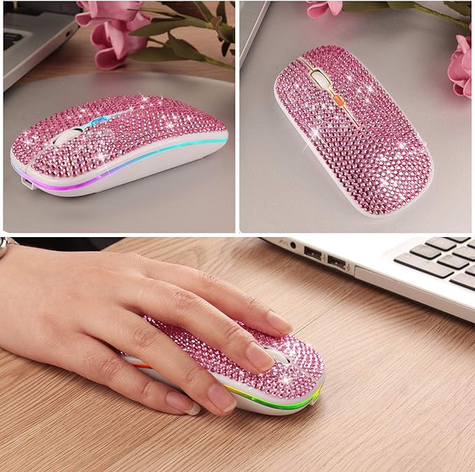 Bluetooth Mouse,Bling Dazzling 2.4GHz Rechargeable Wireless Mouse Slim Mouse with USB Receiver, Compatible with Notebook, PC, Laptop, Computer, MacBook,Great Present idea for Her (Pink)