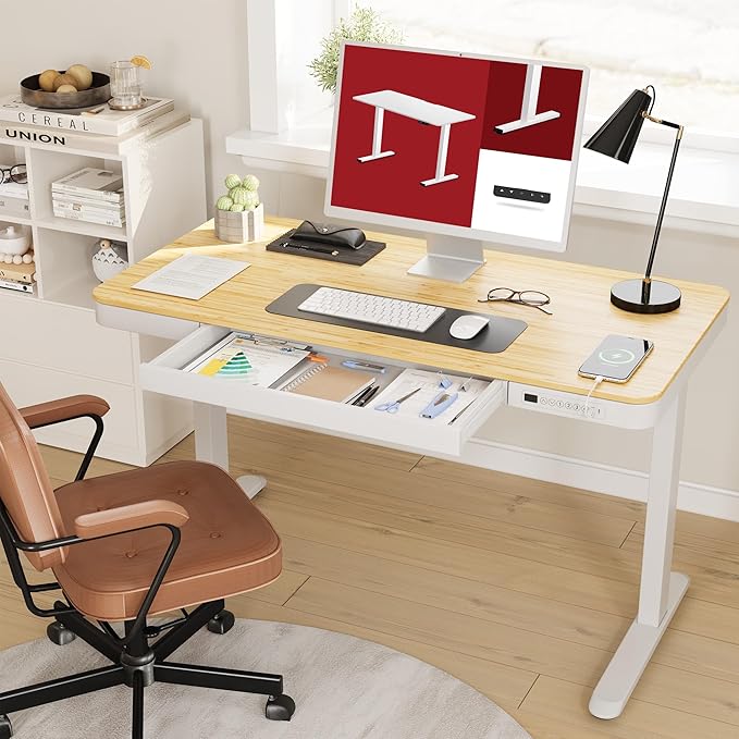 SANODESK Electric Standing Desk with Drawer, Desktop & Adjustable Frame with USB Charge Ports (Bamboo-Look Laminate/White, Wood)