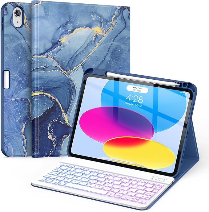 Soke for iPad (A16) 11th/10th Generation Case with Keyboard(2025/2022)-7 Color Backlight Wireless Detachable Folio Keyboard Cover with Built-in Pencil Holder for iPad 11/10.9 inch, Ocean Marble