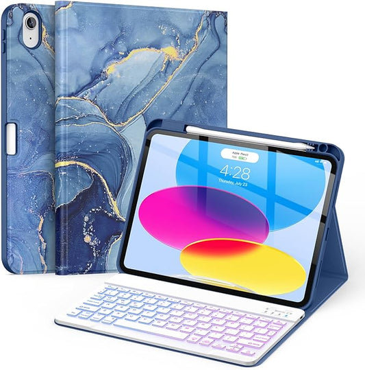 Soke for iPad (A16) 11th/10th Generation Case with Keyboard(2025/2022)-7 Color Backlight Wireless Detachable Folio Keyboard Cover with Built-in Pencil Holder for iPad 11/10.9 inch, Ocean Marble