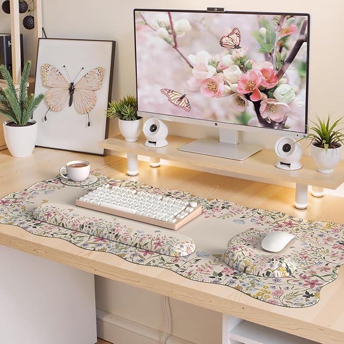 iLeadon Large Desk Mat, Ergonomic Mouse Pad and Keyboard Wrist Rest, Anti Slip Desk Mat Set with Keyboard Wrist Pad, Smooth Large Mousepad Gaming for Home Woman (Beige)