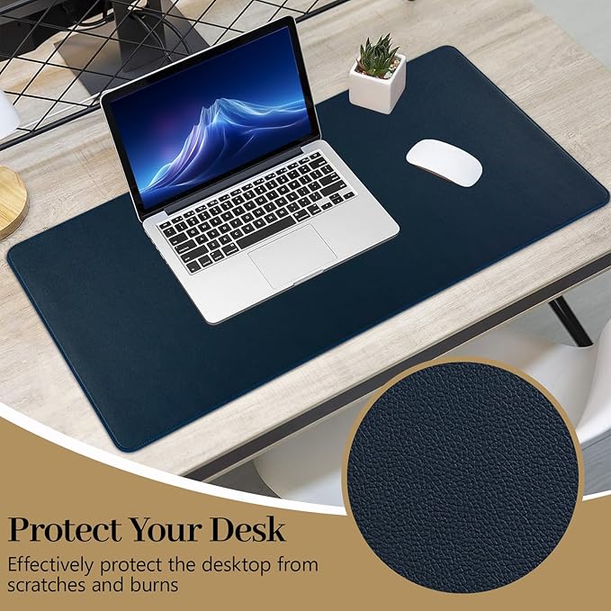 Dark Blue Leather Desk Mat Large Mouse Pad, Waterproof Desk Pad for Keyboard and Mouse, Non-Slip Computer Desk Protector, Smooth Mouse Movement Desk Mat for Home and Office(31.5"×15.7")