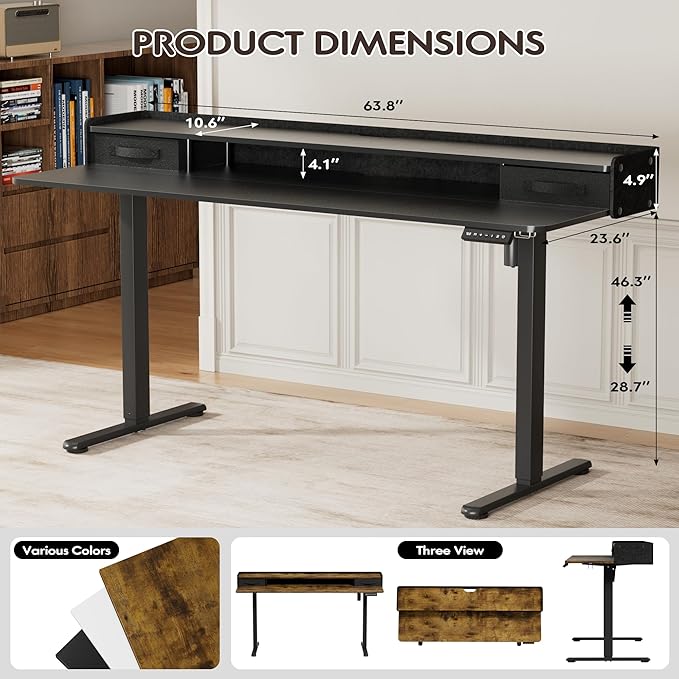 Furmax Electric Standing Desk with Drawers, Stand Up Desk with Storage Shelf Height Adjustable Computer Desk with Organizer for Home Office Ergonomic(Black, 63 Inch)