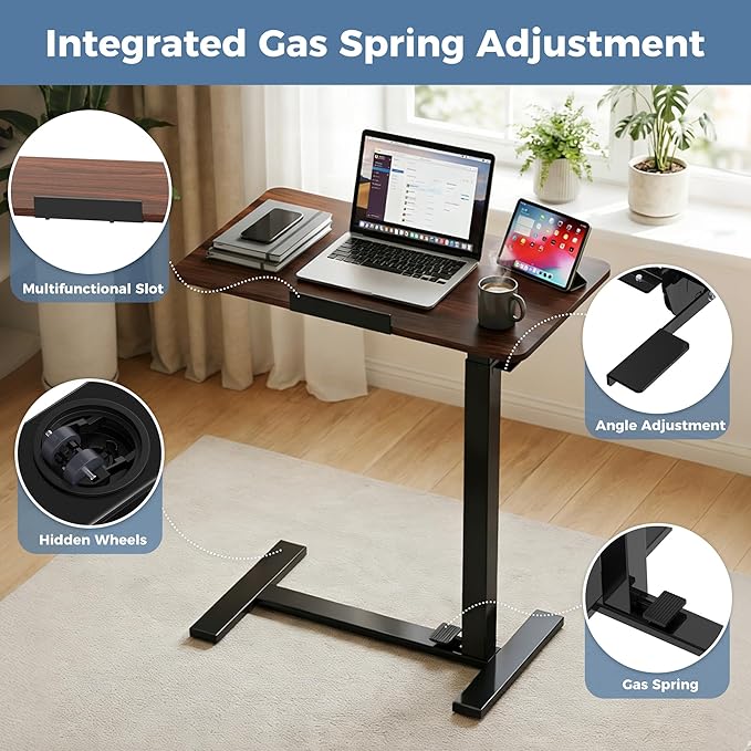 OLIXIS Mobile Standing Desk, Height-Adjustable Computer Cart with Pneumatic Lift, Portable Computer Workstation Cart for Bed, Couch, Office, Sofa, Brown