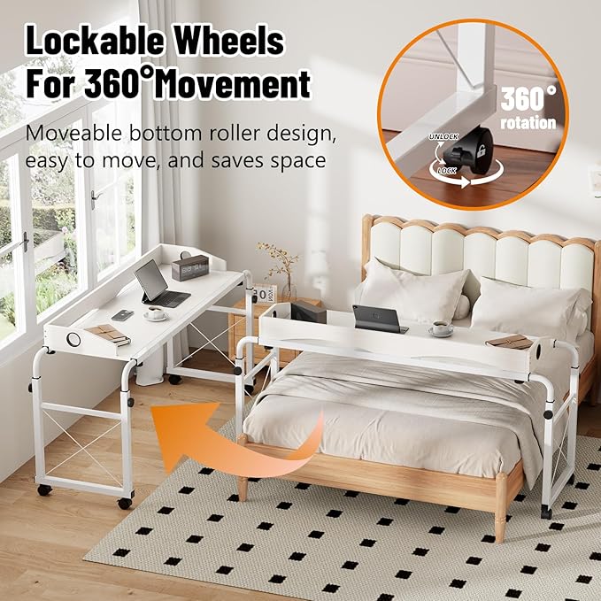 BYMECOST Laptop Desk for Bed, Adjustable Height & Length Laptop Bed Table,Overbed Table with Wheels for Queen Size Beds,Rolling Standing Desk,Over Bed Desk for Working Reading Eating (White)