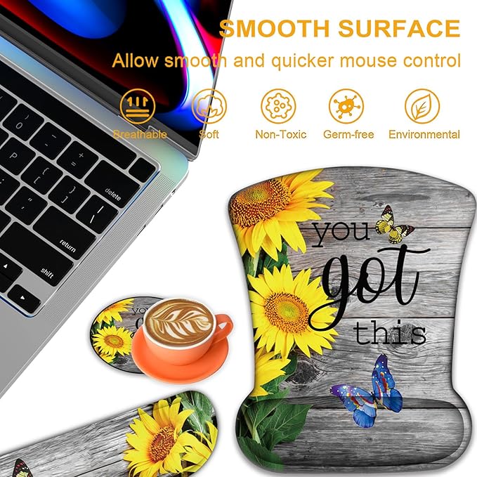 Ergonomic Mouse Pad, Mouse Wrist Rest Pad + Keyboard Wrist Rest Pad + Coaster, Made of Memory Foam, Easy to Use and Relieve Wrist Pain, Computer, Games, Office, Home - You Got This and Sunflower