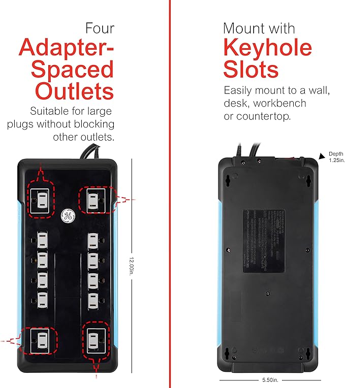 GE UltraPro 12 Outlet Surge Protector, Tethered 2 USB Ports, 8 Ft Power Cord, 4320 Joules, Flat Plug, Power Filter, Circuit Breaker, Warranty, UL Listed, Black, 11824