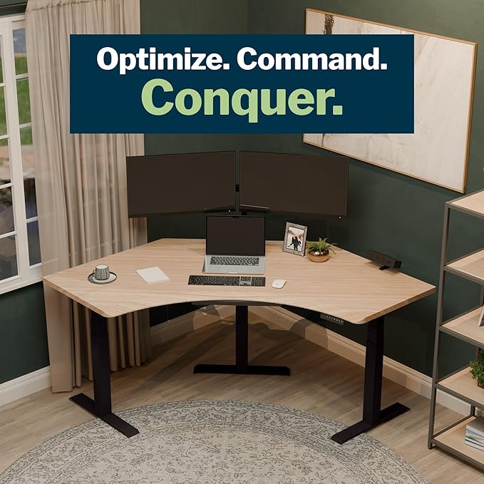 Vari Command Center Electric Standing Desk – 120° Curved Sit-Stand Gaming Desk Corner Workstation for Triple Monitors + Sloped Front Edge, 4 Height Settings, 200 lb Capacity (Light Wood/Black Legs)