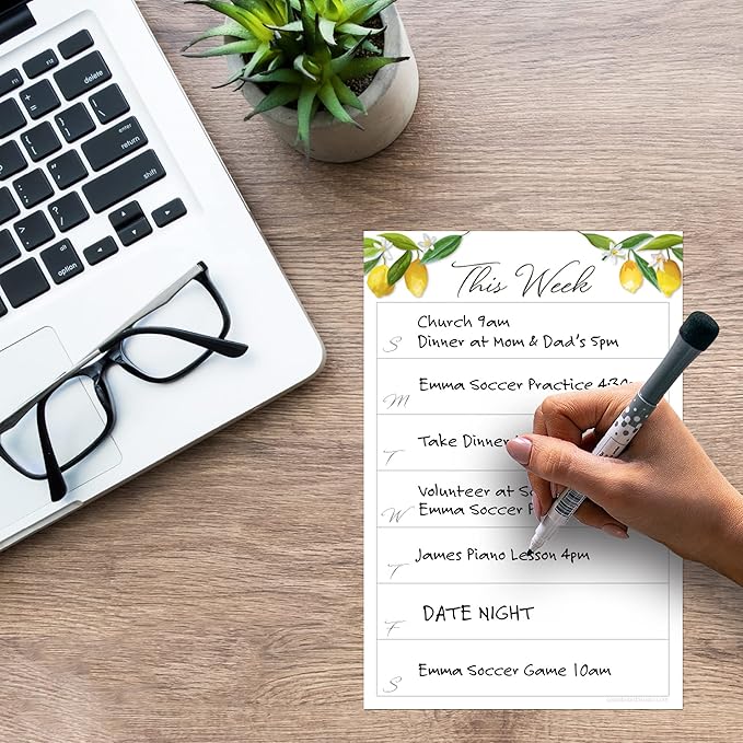 Dry Erase Weekly Calendar Planner Sticker Decal | Removable & Reusable | Magnetic Fine-Tip Marker Included (6 x 9 inches, Lemon Fresh)