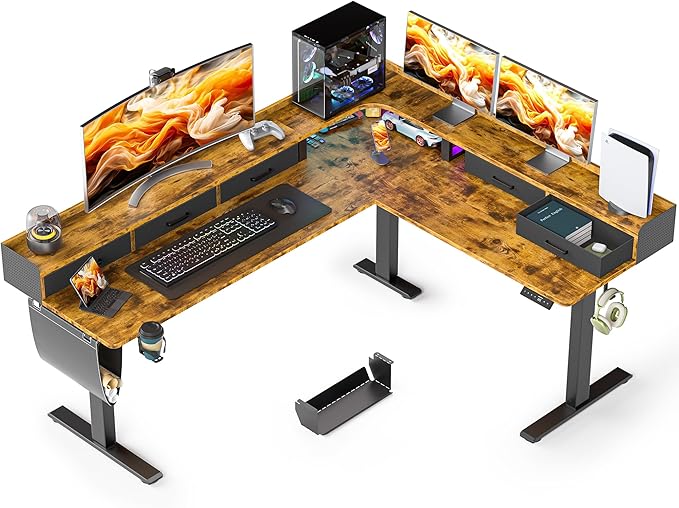 75 Inches Height Adjustable L Shaped Standing Desk with 5 Drawers and Monitor Shelf, Electric Sit to Stand Home Office Comupter Table, Ergonomic Corner Gaming Desk, Rustic Brown