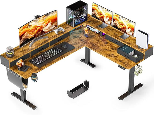 75 Inches Height Adjustable L Shaped Standing Desk with 5 Drawers and Monitor Shelf, Electric Sit to Stand Home Office Comupter Table, Ergonomic Corner Gaming Desk, Rustic Brown