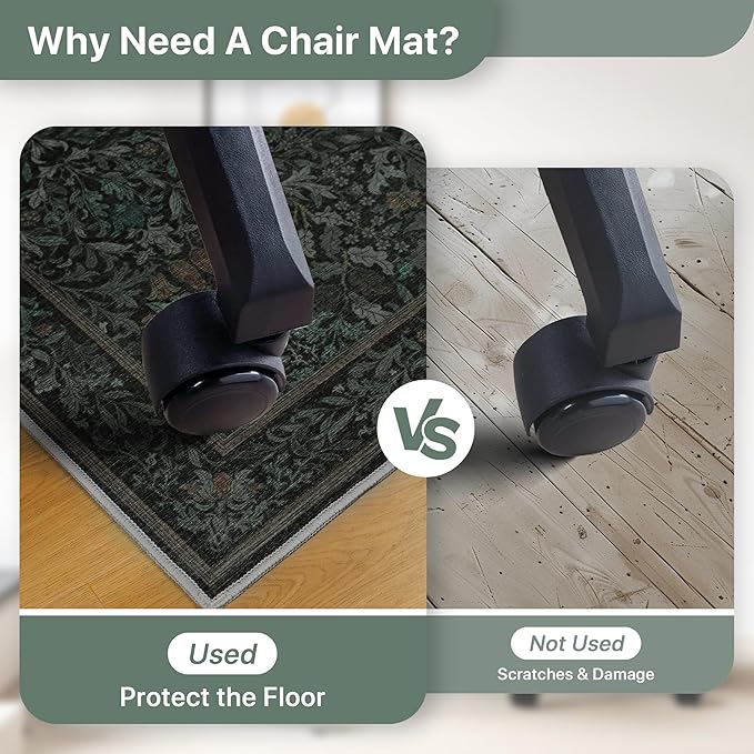 36"x48" Office Chair Mat for Hardwood Tile Floor, Under Desk Carpet Protector for Rolling Computer Chair Mat, Machine Washable Area Rug, Anti-Slip 1/5" Thick Low Pile Thin Vinyl Floor Mat, Dark Green