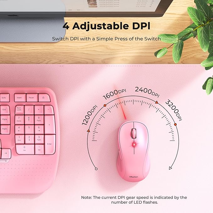 MEETION Ergonomic Keyboard and Mouse Wireless, Wave Keys Natural Typing, 2.4G Wireless Keyboard with Wrist Rest, 4 Adjustable DPI Mouse, Computer/Laptop/Windows/Mac, Pink