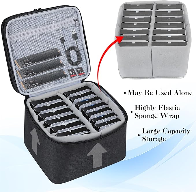 Hard Drive Case,14 -Bay Protective Storage Bag for 3.5" HDD, Large Capacity Storage Box with Lock,Portable External Hard Drive Carrying Case,Movable Grid and Shockproof(Bag only)