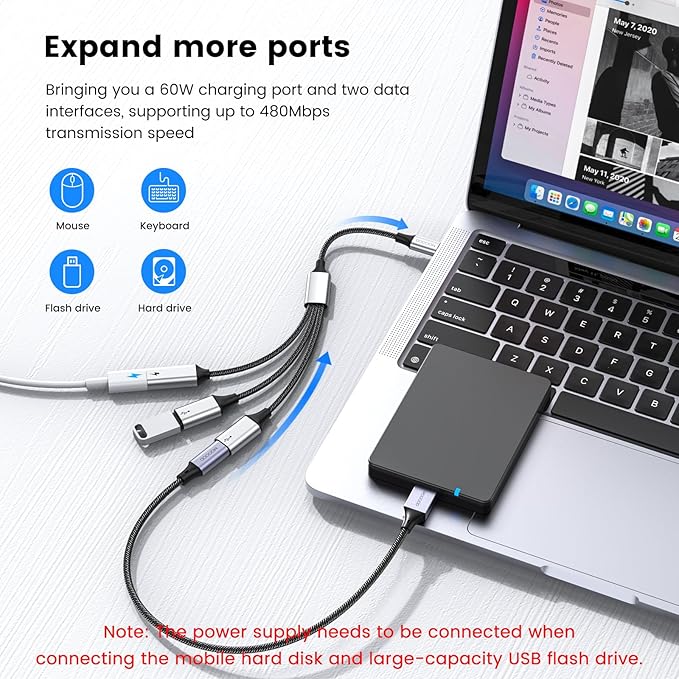 MOGOOD USB C Splitter, 3-Port USB C Y-Cable, 1 Male to 3 Female, 60W PD Charging Pass-Through & Data Transfer – for Steam Deck, iPad Pro, Samsung Galaxy, Laptop – Expand USB-C Ports