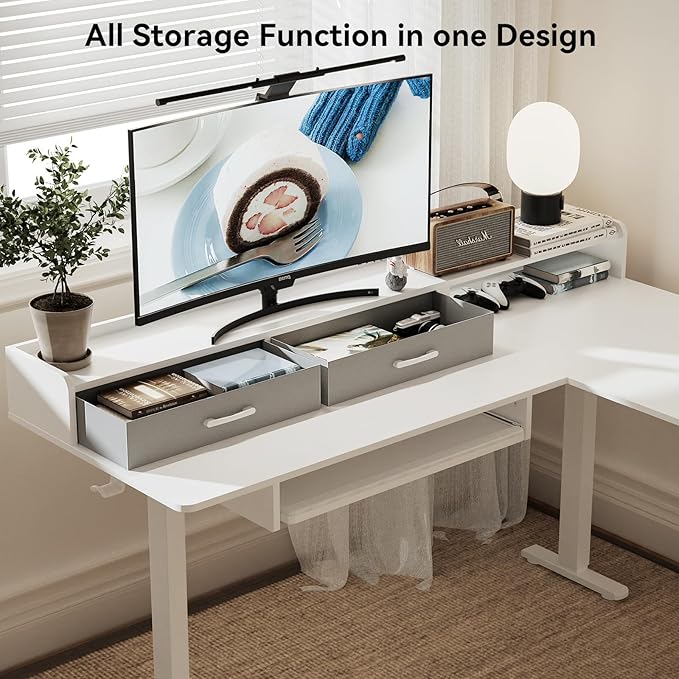 63 Inches Height Adjustable L Shaped Standing Desk with 2 Drawers and Keyboard Tray, Electric Sit to Stand Home Office Comupter Table, Ergonomic Corner Gaming Desk, White