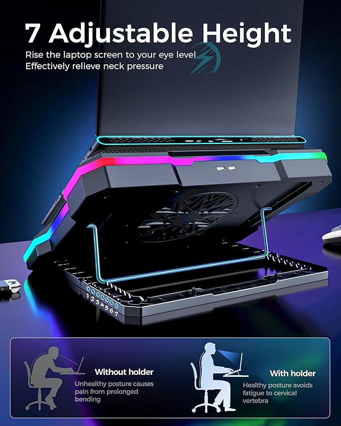 AICHESON Gaming Laptop Cooling Pad with Full RGB Lights, Powerful Cooler Fan Stand for 15-19 inch Gamer Laptops and PC Computers