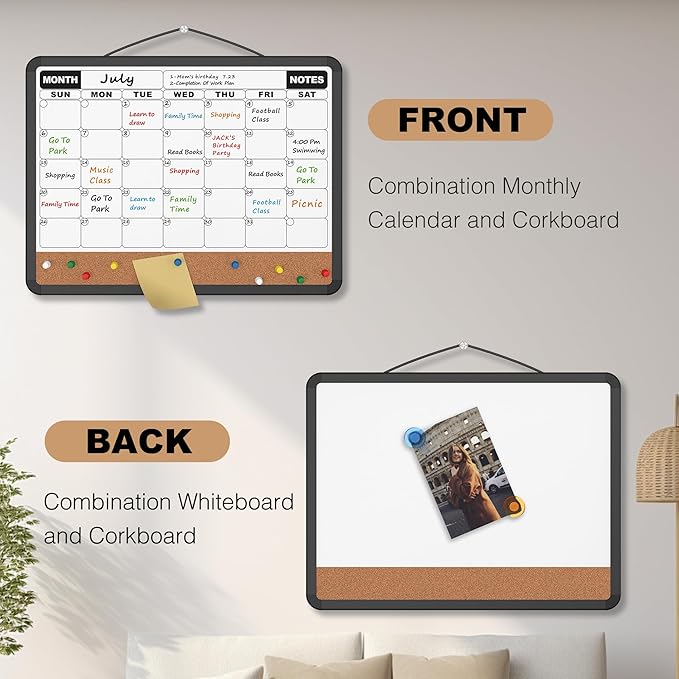 Monthly Calendar Dry Erase Board 16x12 Inch, Double-Sided Whiteboard and Corkboard Combo with Black Plastic Frame, Wall Mounted Planner Organizer with Markers, Magnets, Push Pins, Eraser