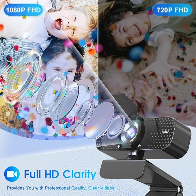 1080P Full HD Webcam with Noise-Canceling Mic, Auto Light Correction, Privacy Cover, Wide-Angle Lens, Plug & Play USB Camera for Laptops, Desktops, PCs, Macs, Zoom, Skype, Teams and Streaming