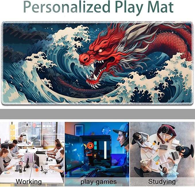 Large Gaming Mouse Pad + Keyboard Wrist Rest + Wrist Support + Coaster Set, Memory Foam Ergonomic for Easy Typing, XXL Extended Gaming Mouse Pad Table Pad - Sea Wave Red Dragon