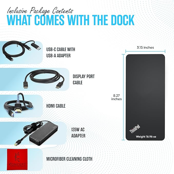 40AF0135US Lenovo Docking Station Dual Monitor Hybrid USB-C with USB-A - Thinkpad Dock with 135W Adap TER, HDMI, DisplayPort, USB C Cable & Cleaning Cloth - Thinkpad Docking Station