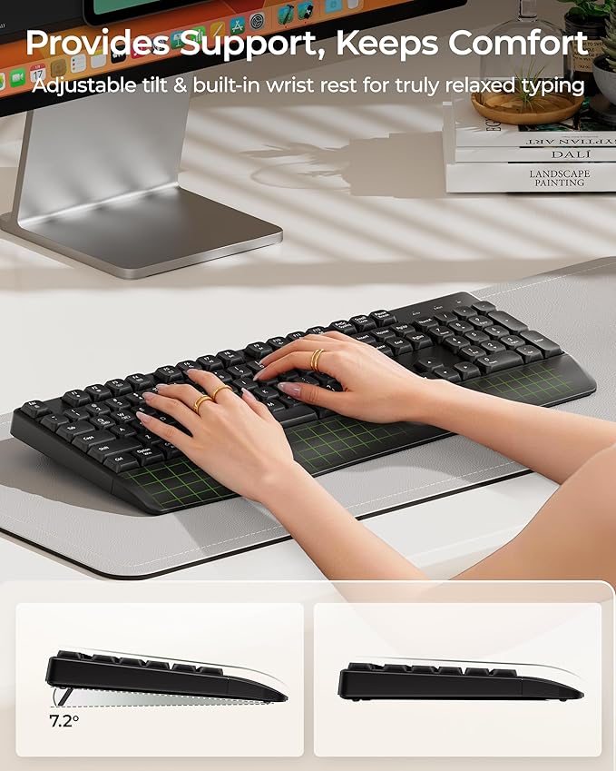 seenda Bluetooth Wireless Keyboard, Wireless Ergonomic Keyboard with Wrist Rest, Multi-Device Bluetooth Keyboard with Number Pad, Full-Size Keyboard for Computer/Laptop/Mac/MacBook, Black