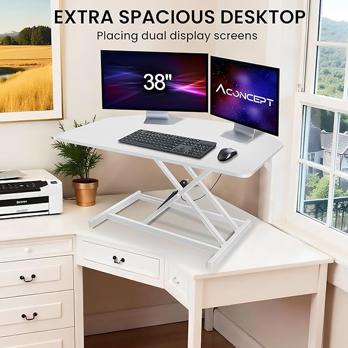 Aconcept 38 inch White Corner Height Adjustable Standing Desk Converter, One-Click Sit to Stand up Desk Riser, Pre-Assembled for Dual Monitor and Laptop Workstation