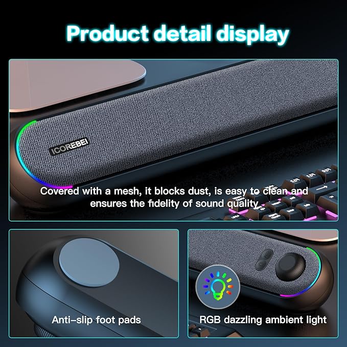 Desktop Computer Speakers, Stereo Soundbar, Bluetooth 5.3, USB/Type-C Power and Audio Transmission, Plug-and-Play, Compatible with PC, Mac, Laptops, Monitors, RGB Lighting, Wired Gaming Speakers