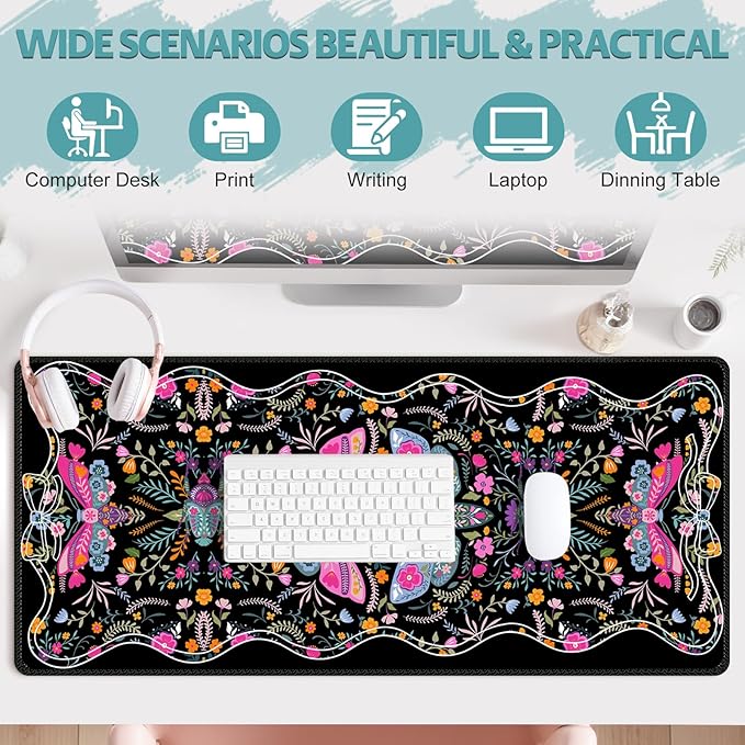Desk Mat for Keyboard and Mouse, Large Non-Slip Mouse Pad Keyboard Pad, Computer Mats for Desktop, Cute Desk Pad with Stitched Edges for Office, Gaming I Black Colorful Folk Art